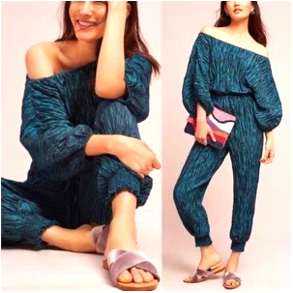 Eri + Ali By Anthropologie Chic Teal Off-Shoulder Jumpsuit